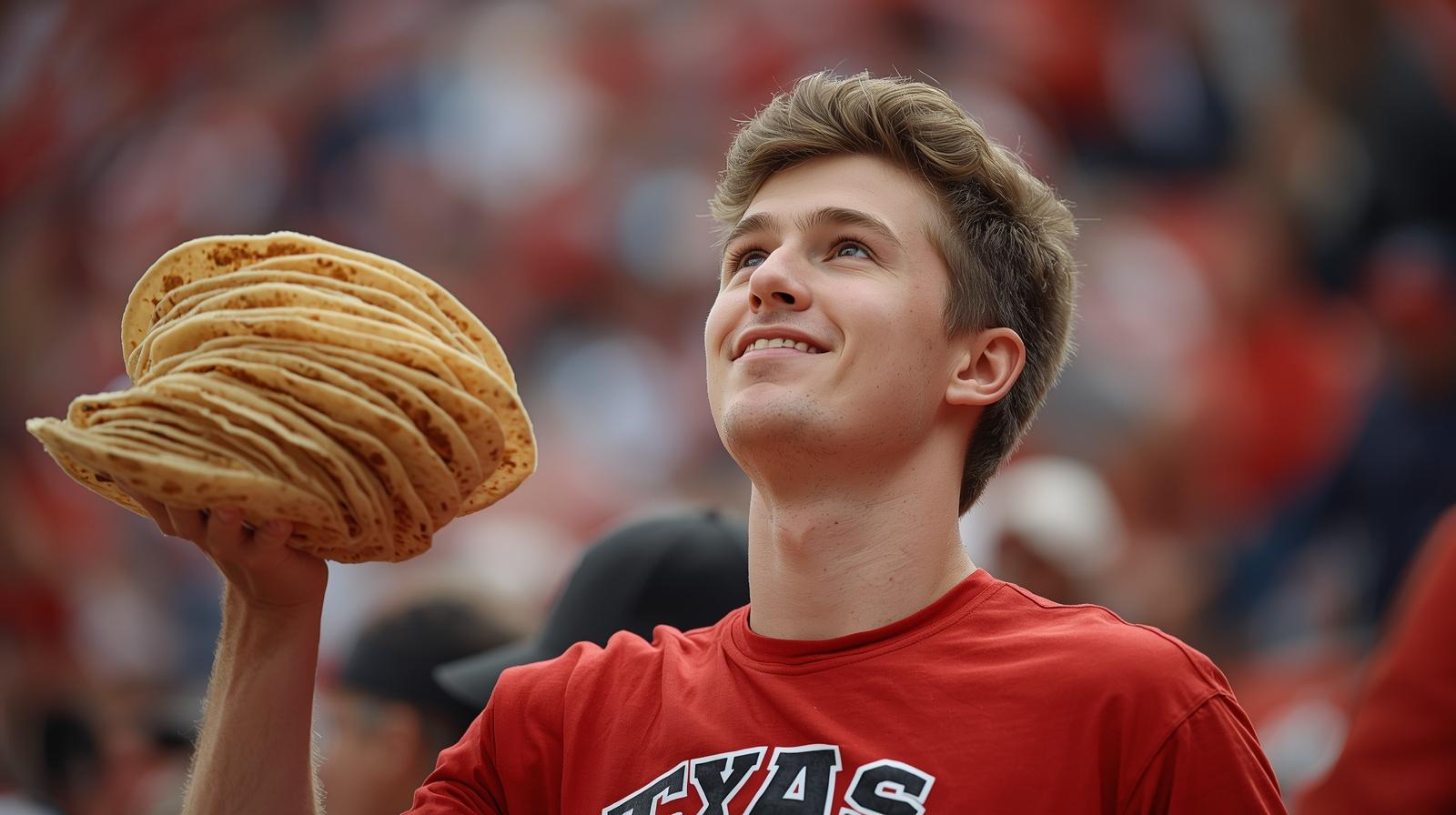 Texas Tech Red Raider fan holding tortillas wondering if will he throw them at the football games