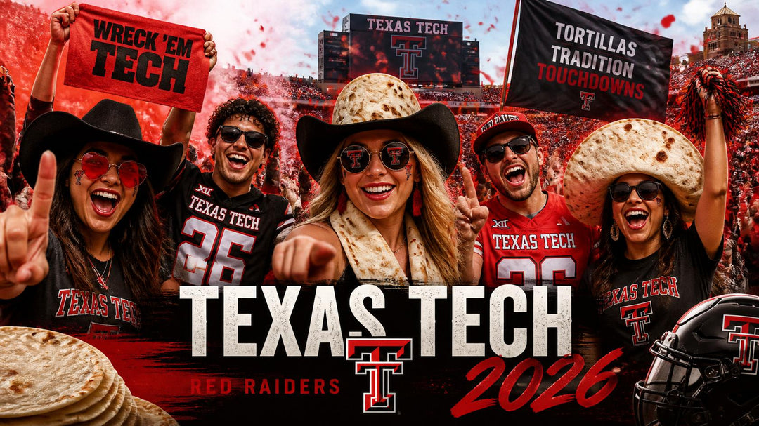 Texas Tech Red Raiders 2026 football season students and alumni wearing red and black Red Raider gear and apparel tortilla themed accessories