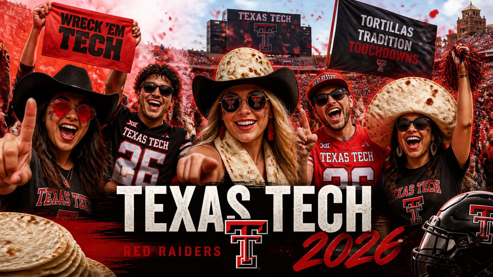 Texas Tech Red Raiders 2026 football season students and alumni wearing red and black Red Raider gear and apparel tortilla themed accessories