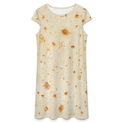 Burrito Tortilla Pattern Women's Summer Short Sleeve Casual Simple T-Shirt Loose Dress with Pockets L