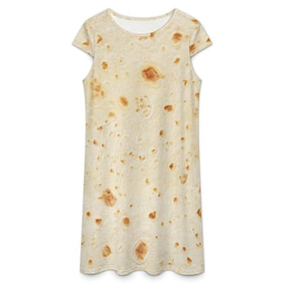 Burrito Tortilla Pattern Women's Summer Short Sleeve Casual Simple T-Shirt Loose Dress with Pockets L