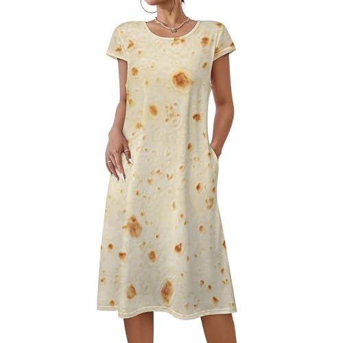 Burrito Tortilla Pattern Women's Summer Short Sleeve Casual Simple T-Shirt Loose Dress with Pockets L