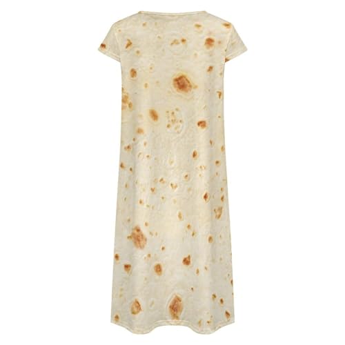 Burrito Tortilla Pattern Women's Summer Short Sleeve Casual Simple T-Shirt Loose Dress with Pockets L