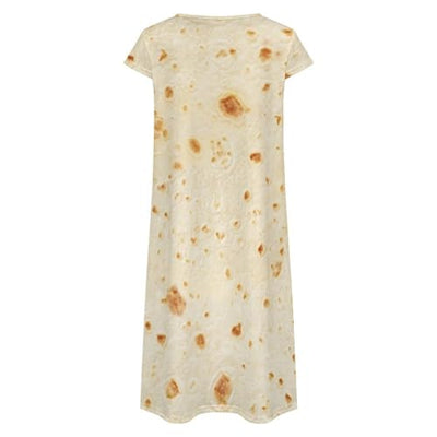 Burrito Tortilla Pattern Women's Summer Short Sleeve Casual Simple T-Shirt Loose Dress with Pockets L