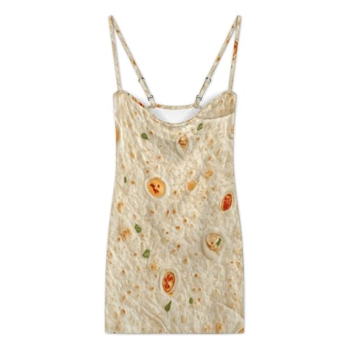 Burrito Tortilla Pattern Mini Dress Bodycon Dress for Women Sexy Summer Short Backless Spaghetti Strap L