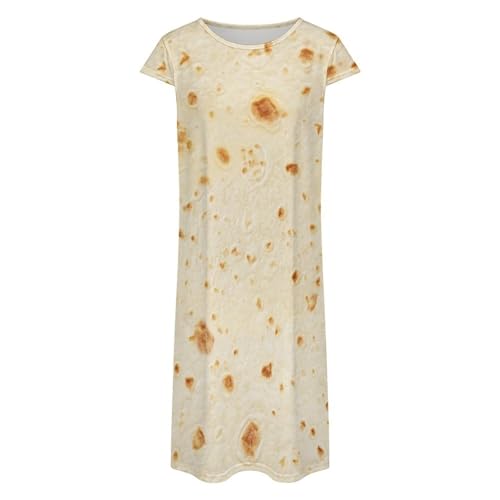 Burrito Tortilla Pattern Women's Summer Short Sleeve Casual Simple T-Shirt Loose Dress with Pockets L