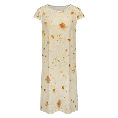 Burrito Tortilla Pattern Women's Summer Short Sleeve Casual Simple T-Shirt Loose Dress with Pockets L