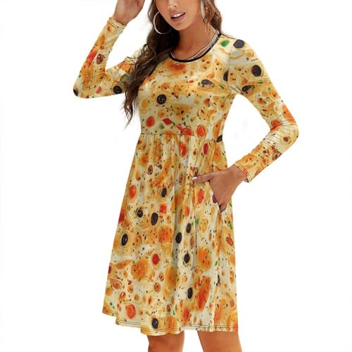 Tortilla Pattern Women Long Sleeve Midi Dress Crewneck Fall Fashion Casual Flowy with Pocket