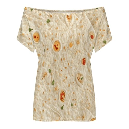 Burrito Tortilla Pattern Women's Summer Off Shoulder Shirts Casual Loose Short Sleeve Tops L