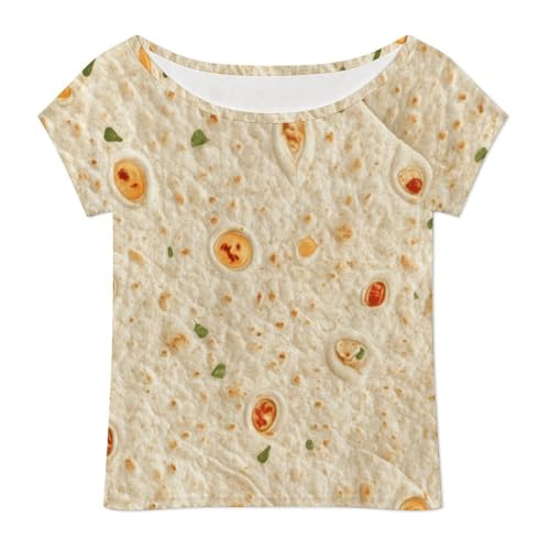 Burrito Tortilla Pattern Women's Summer Off Shoulder Shirts Casual Loose Short Sleeve Tops L