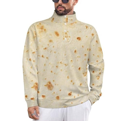 Burrito Tortilla Pattern Men's Casual Sweatshirt Long Sleeve Thermal Stand Collar Button Pullover M