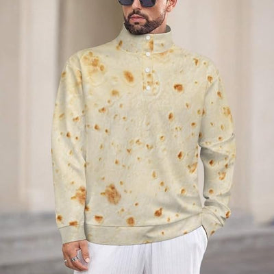 Burrito Tortilla Pattern Men's Casual Sweatshirt Long Sleeve Thermal Stand Collar Button Pullover M