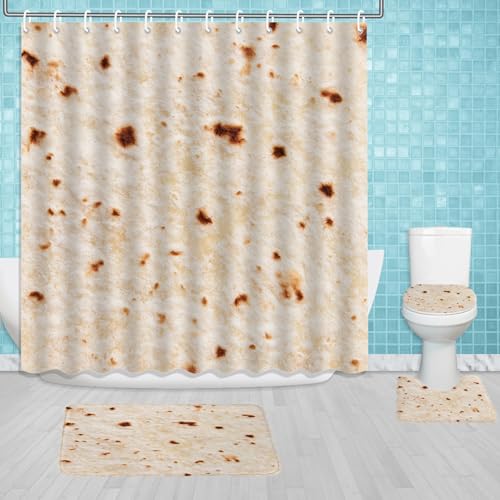 Mexican Tacos Burrito 4 Pcs Shower Curtain Set Tortilla Over Style Bathroom Set Funny Pattern Bath Decor Food Non-Slip Rugs Toilet Lid Cover Bath Mat W 84 in L 72 in H12447
