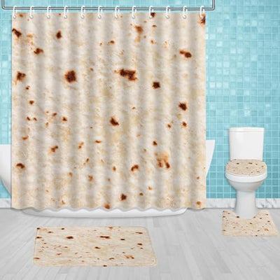 Mexican Tacos Burrito 4 Pcs Shower Curtain Set Tortilla Over Style Bathroom Set Funny Pattern Bath Decor Food Non-Slip Rugs Toilet Lid Cover Bath Mat W 84 in L 72 in H12447