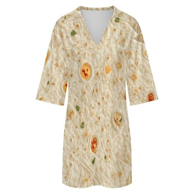 Burrito Tortilla Pattern Womens Dresses Summer V Neck Short Sleeve Casual A Line Flowy Swing Dress M