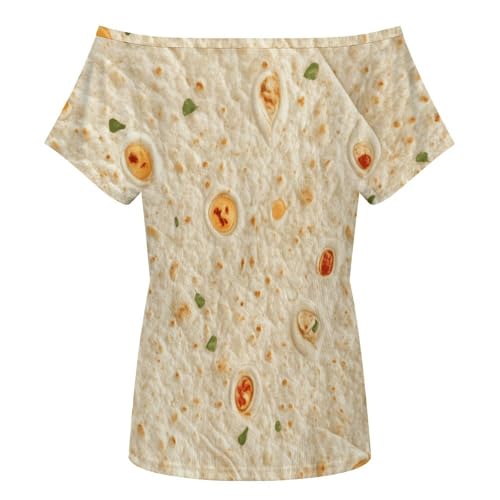 Burrito Tortilla Pattern Women's Summer Off Shoulder Shirts Casual Loose Short Sleeve Tops L