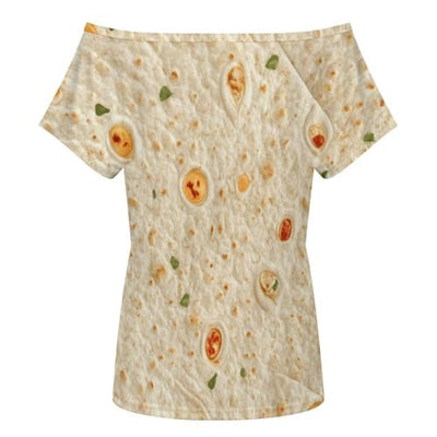 Burrito Tortilla Pattern Women's Summer Off Shoulder Shirts Casual Loose Short Sleeve Tops L