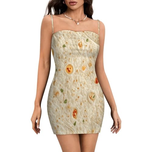 Burrito Tortilla Pattern Mini Dress Bodycon Dress for Women Sexy Summer Short Backless Spaghetti Strap L