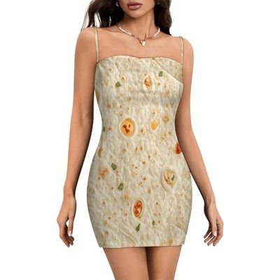 Burrito Tortilla Pattern Mini Dress Bodycon Dress for Women Sexy Summer Short Backless Spaghetti Strap L