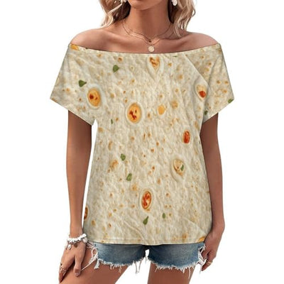 Burrito Tortilla Pattern Women's Summer Off Shoulder Shirts Casual Loose Short Sleeve Tops L