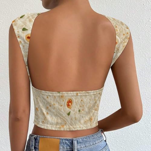 Tortilla Pattern Womens Backless Tops Open Back Shirts Summer Crop Shirts Sleeveless Casual