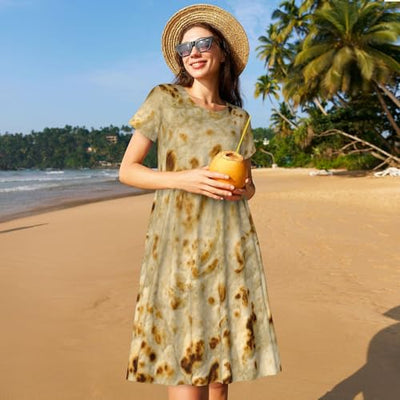 RSKYNU Burritos, Giant Tortilla Women's Summer and Autumn Short Sleeved Casual Dress with Round Neck Slim Fit and Pockets X-Large Black