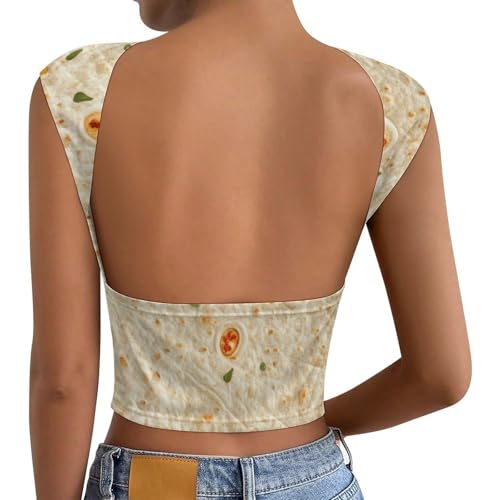 Tortilla Pattern Womens Backless Tops Open Back Shirts Summer Crop Shirts Sleeveless Casual