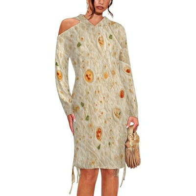 Burrito Tortilla Pattern Women's Casual Hoodies Dress Long Sleeve Off-Shoulder Hooded Pullover Trendy M