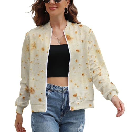 Burrito Tortilla Pattern Womens Long Sleeve Zip Up Sweatshirts Lightweight Jackets Casual Loose Outwear with Pockets XS