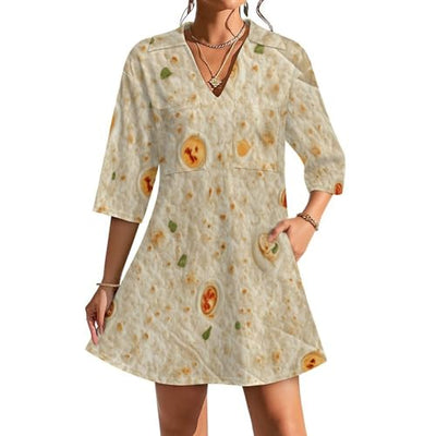 Burrito Tortilla Pattern Womens Dresses Summer V Neck Short Sleeve Casual A Line Flowy Swing Dress M