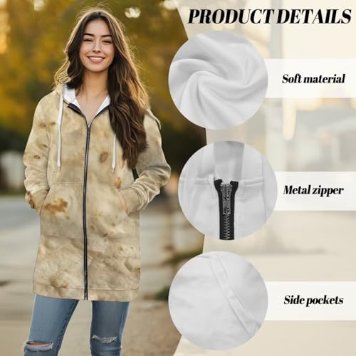 PJHEQOXE Burrito Tortilla Pattern Women's Trendy Jacket Zip Up Long Sleeve Hoodies Novel Food Streetwear Fashion Coat with Pockets Hooded Cardigan
