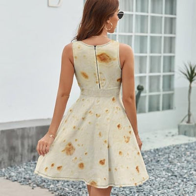 Womens Sleeveless V Neck A Line High Waist Dresses Burrito Tortilla Pattern Midi Tank Dress L