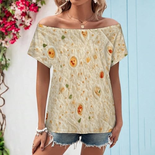 Burrito Tortilla Pattern Women's Summer Off Shoulder Shirts Casual Loose Short Sleeve Tops L