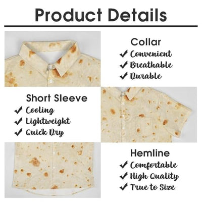 Burrito Tortilla Pattern Men's Button Down Shirts Short Sleeve Casual Summer Beach Shirt with Pocket L