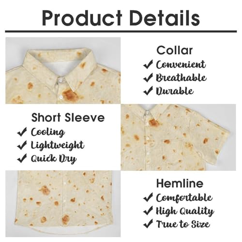 FULAOER Burrito Tortilla Pattern Men's Button Down Shirts Short Sleeve Casual Shirts Summer Beach Shirts L, Style-13-3