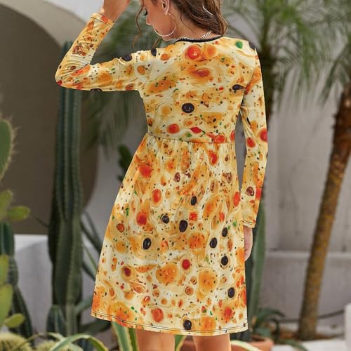 Tortilla Pattern Women Long Sleeve Midi Dress Crewneck Fall Fashion Casual Flowy with Pocket