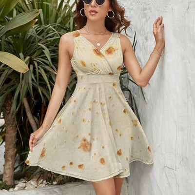 Womens Sleeveless V Neck A Line High Waist Dresses Burrito Tortilla Pattern Midi Tank Dress L