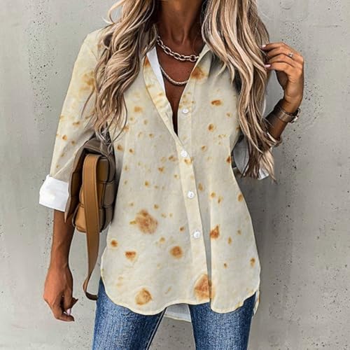 Womens Button Down Long Sleeve Shirts Burrito Tortilla Pattern Blouses Shirts Tops L