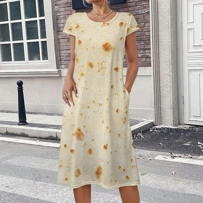 Burrito Tortilla Pattern Women's Summer Short Sleeve Casual Simple T-Shirt Loose Dress with Pockets L