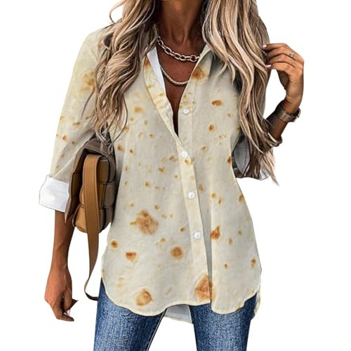 Womens Button Down Long Sleeve Shirts Burrito Tortilla Pattern Blouses Shirts Tops L