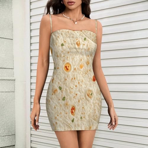 Burrito Tortilla Pattern Mini Dress Bodycon Dress for Women Sexy Summer Short Backless Spaghetti Strap L