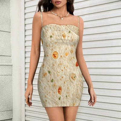 Burrito Tortilla Pattern Mini Dress Bodycon Dress for Women Sexy Summer Short Backless Spaghetti Strap L