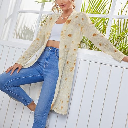 Burrito Tortilla Pattern Womens Casual Lightweight Long Sleeve Open Front Cardigan Soft Drape S