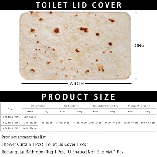 Mexican Tacos Burrito 4 Pcs Shower Curtain Set Tortilla Over Style Bathroom Set Funny Pattern Bath Decor Food Non-Slip Rugs Toilet Lid Cover Bath Mat W 84 in L 72 in H12447