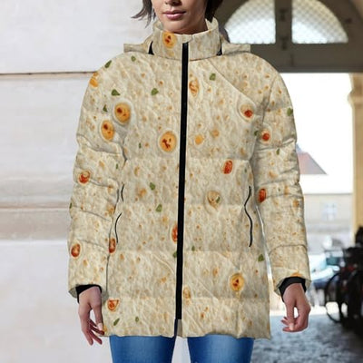 Burrito Tortilla Pattern Women's Lightweight Full-Zip Puffer Jacket with Hood Quilted Winter Coat L