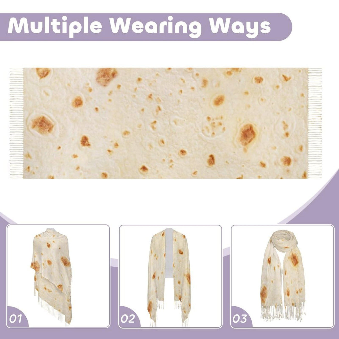 Burrito Tortilla Pattern Women's Autumn Winter Scarf Tassel Soft Warm Blanket Scarf Shawl 200x70cm
