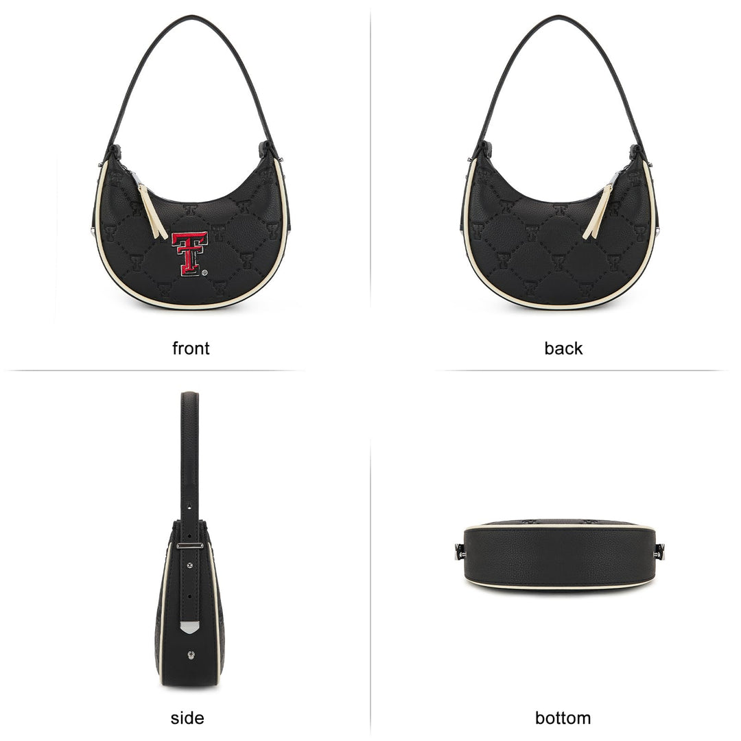 Texas Tech Crescent Shoulder Bags for Women, Ladies Clutch Underarm Purse with RFID Protection, Leather Half Moon Handbags for Fan Gifts | NC-TTU017BK