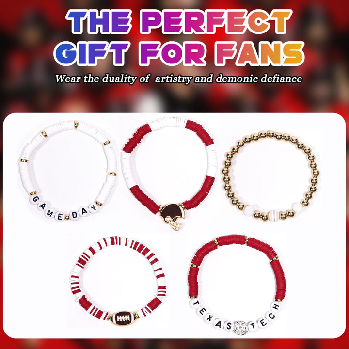 Texas Tech Merch Gifts Inspired Bracelets 5 Pcs Stackable Stretch Beaded Friendship Game Day Football Bracelets Costume Shirt Jersey Hat flag Merchandise Gifts for Fans Women Birthday