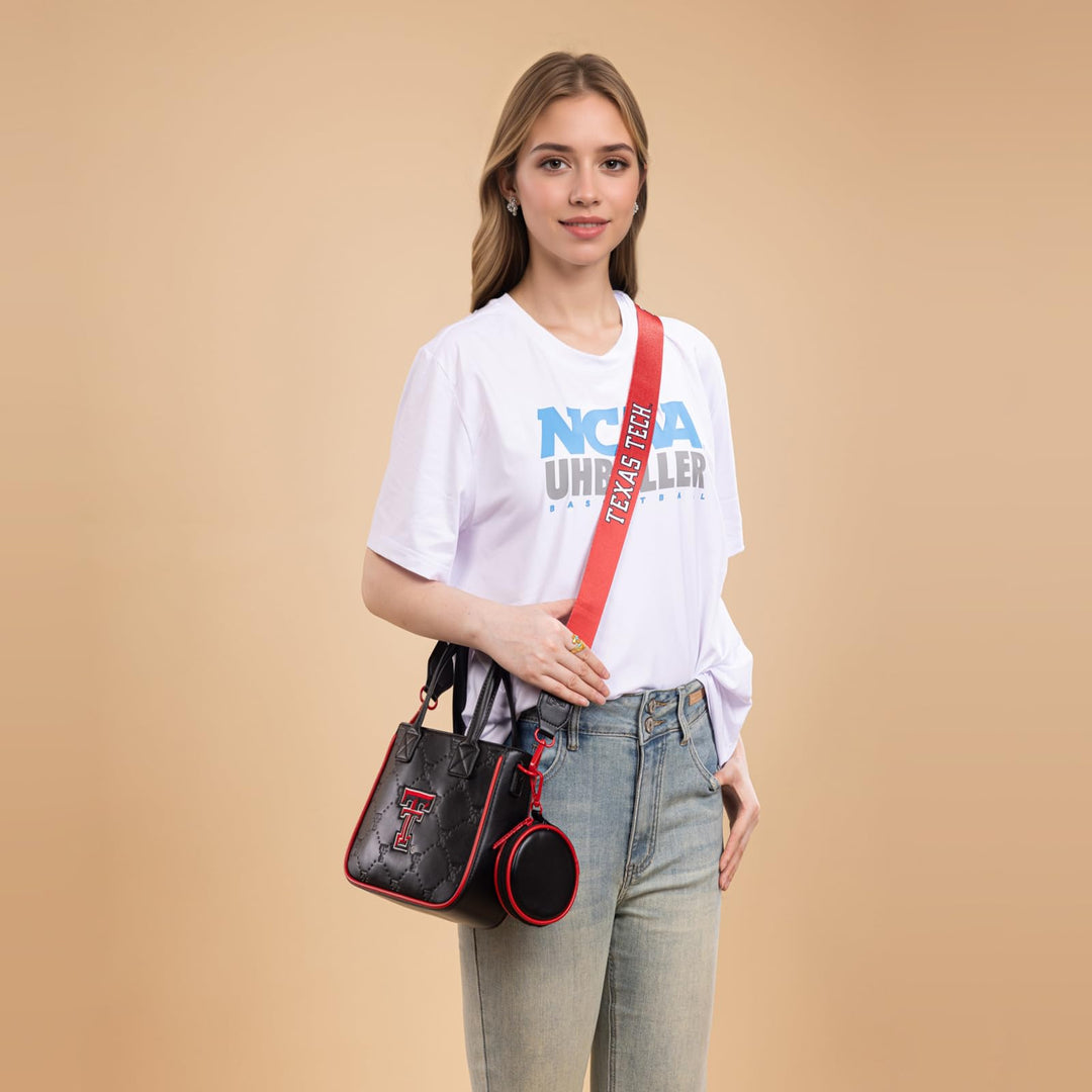 Texas Tech Purses and Handbags Top Handle Satchel Shoulder Bags, Leather Crossbody Bags &amp; Removable Coin Purse, Adjustable Strap Handbags for Graduation Gifts | NC-TTU014BK