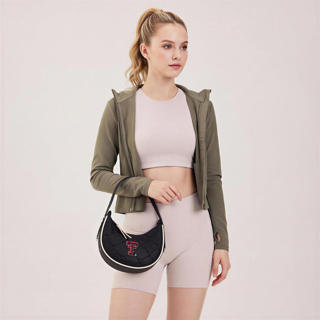 Texas Tech Crescent Shoulder Bags for Women, Ladies Clutch Underarm Purse with RFID Protection, Leather Half Moon Handbags for Fan Gifts | NC-TTU017BK